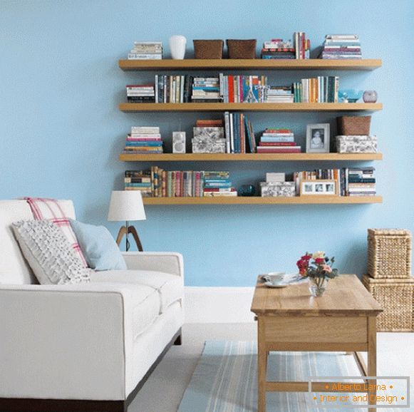 Bookshelves on the wall in the living room
