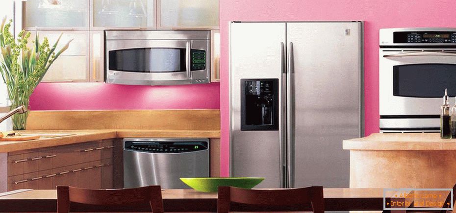 Pink color in the design of the kitchen