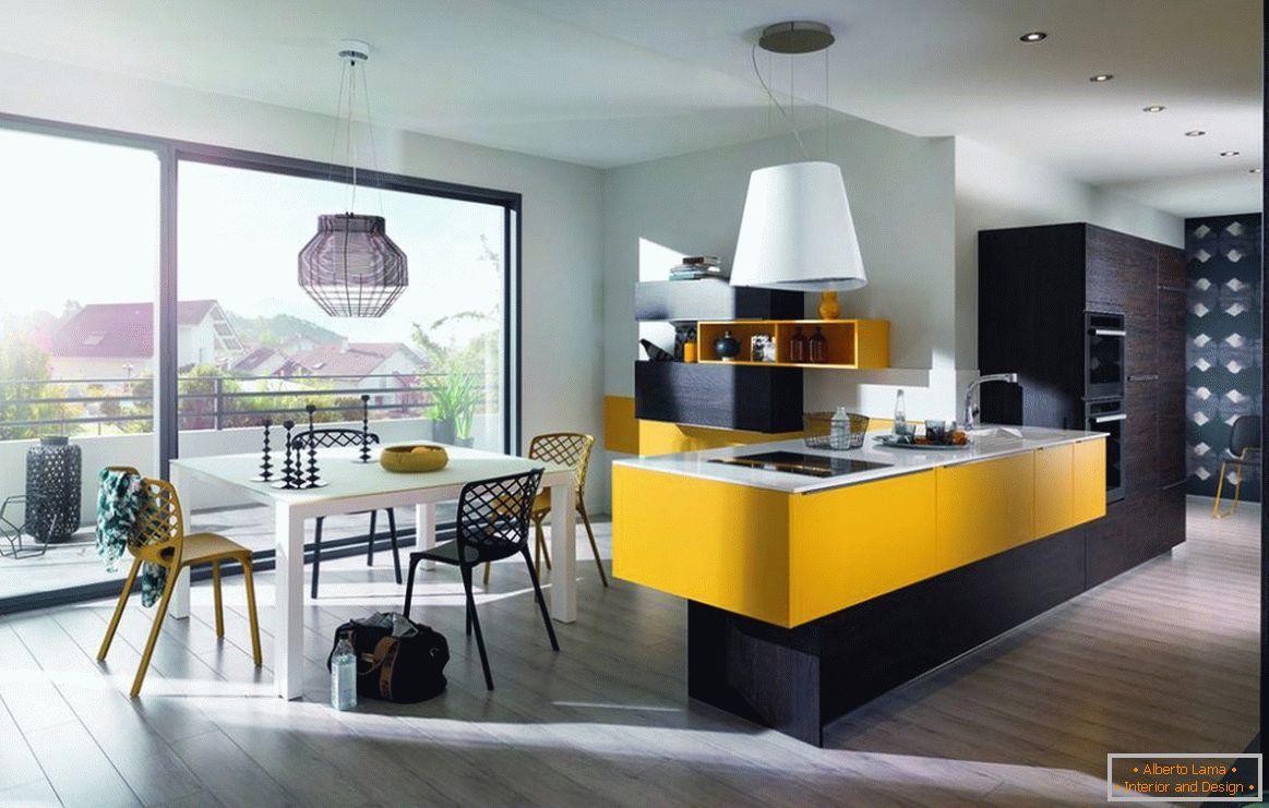Stylish kitchen with yellow accents