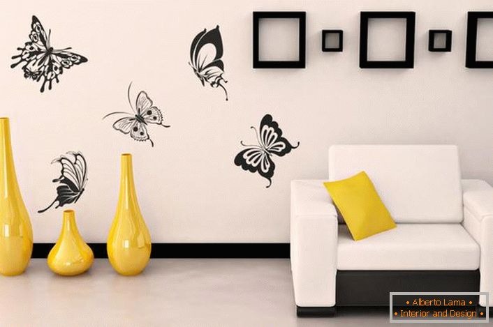 Any wall in the interior of the living room can find its own sticker. A fashionable frame chip without photos.