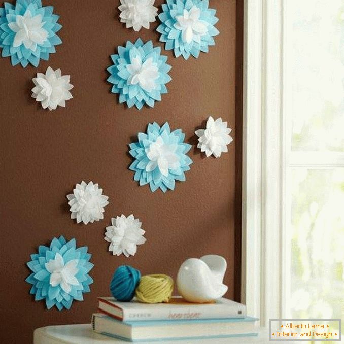 Paper flowers with own hands - wall decoration on interior photo
