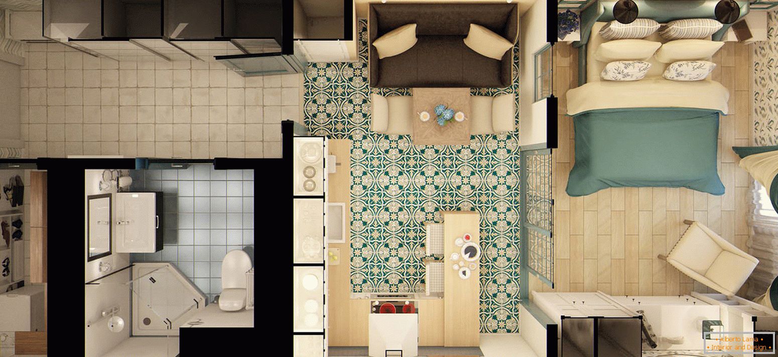 The layout of a narrow studio apartment in Russia