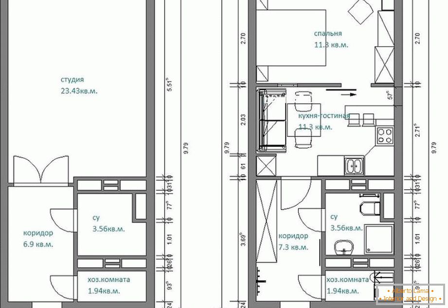 The layout of a narrow studio apartment in Russia