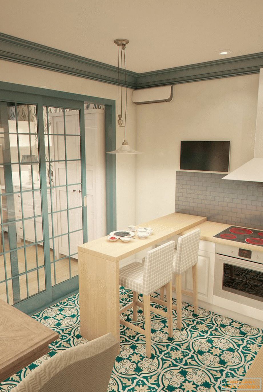 Bar counter in the kitchen of a narrow studio apartment in Russia