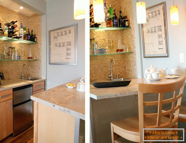 Bar with light in a niche over a sink