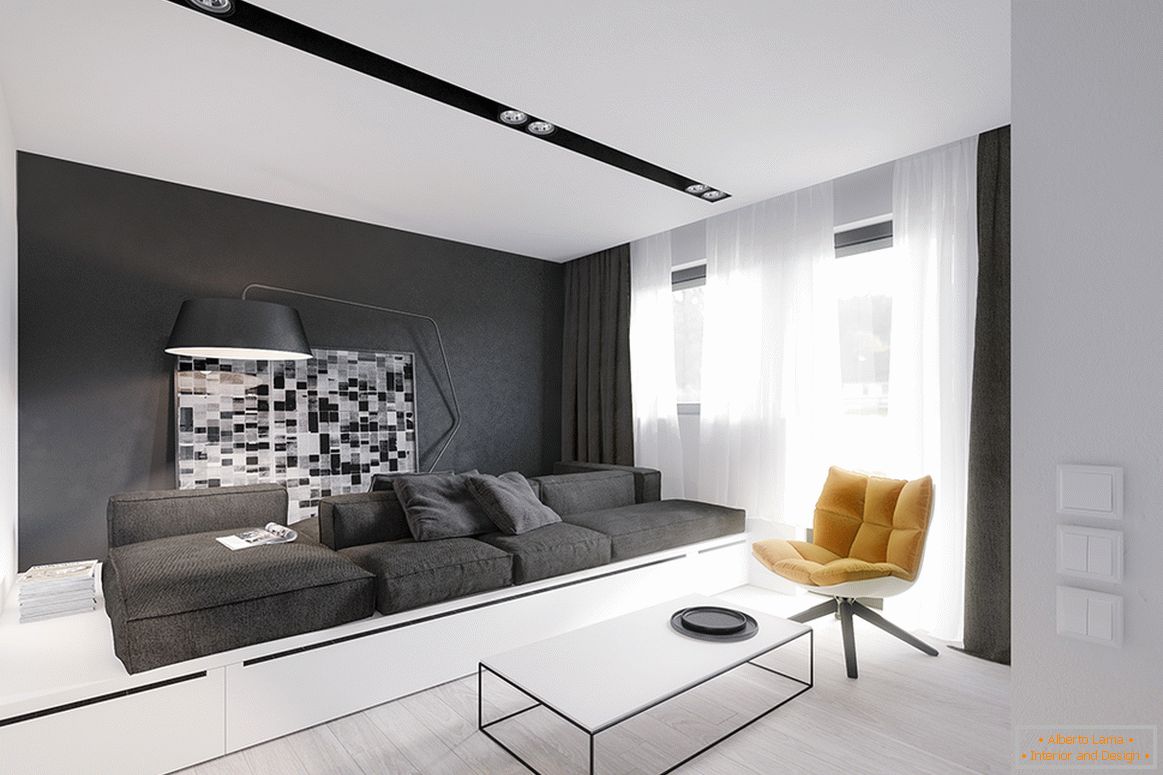 Interior of a small apartment in black and white