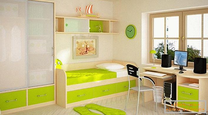 Children's room in high-tech style. In accordance with the style of furniture is equipped with a large number of drawers and shelves. A practical solution for any child. 