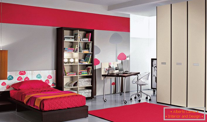 A large room in the style of high-tech for a modern child. Nothing extra. A large wardrobe and a high rack with shelves will accommodate all the things a girl needs. 