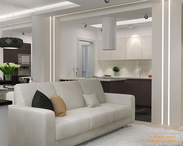 A small living room in the style of minimalism in the studio apartment. The functionality and attractiveness of the interior in this style makes it irreplaceable when it comes to the arrangement of a small residential space.
