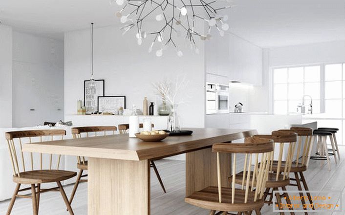 A stylish dining room in the style of Scandinavian minimalism.