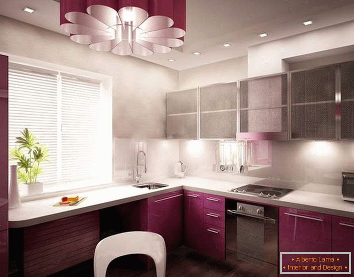 An example of a design project for a small kitchen in the avant-garde style. Correctly designed kitchen space, even the windowsill is used under the work surface.