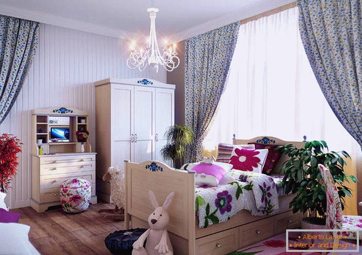 Bright children's room with large tubs of lively greenery. The country style defines bright striped walls, unpretentious furniture and floors under the wooden parquet.Bright children's room with large tubs of lively greenery. The country style defines bright striped walls, unpretentious furniture and floors under the wooden parquet.