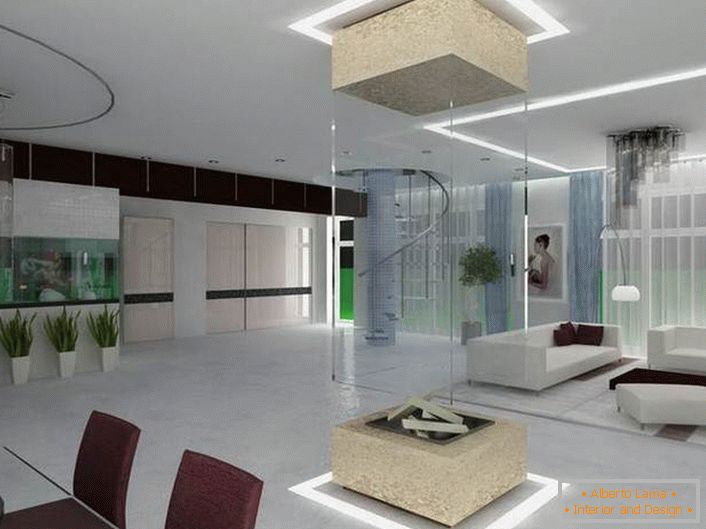 Spacious studio apartment in high-tech style. The innovative design of the fireplace completes the overall picture of the design intent.