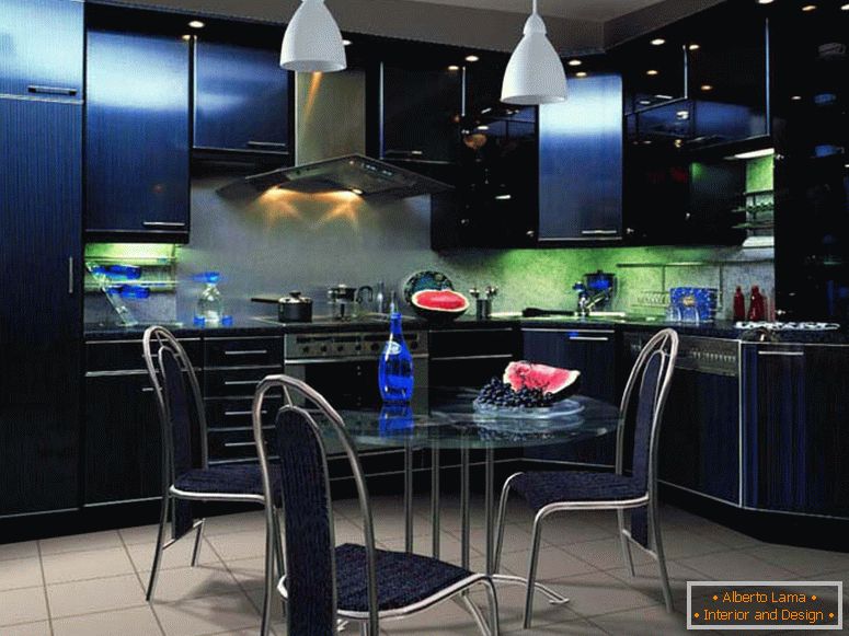 Unusual in the color of furniture, the interior of the kitchen is reminiscent of the high-tech style. More light. 