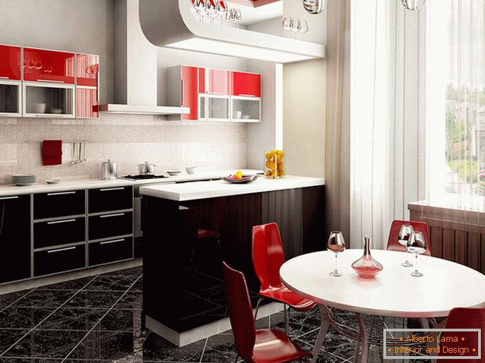 The classic combination of white, red and black. A wonderful bar counter separating the working and dining areas.