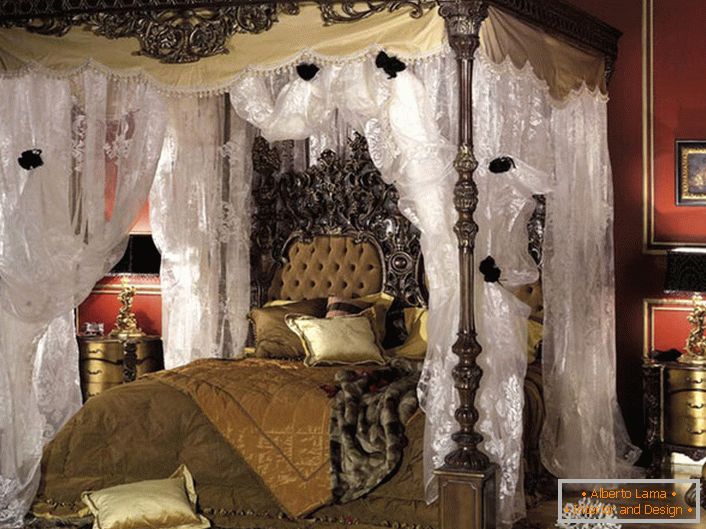 Luxurious bedroom in baroque style. In the center of the composition is a massive four-poster bed. 