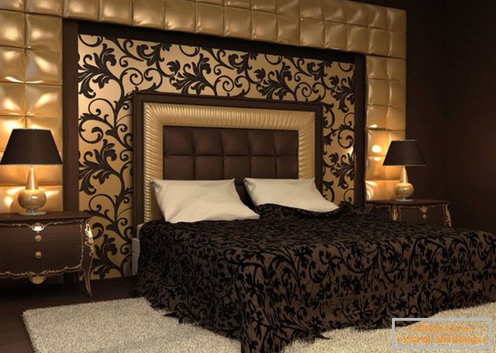The highlight of the design solution was the backrest at the head of the bed and the wall, covered with a soft cloth. Ornaments on the bedspread echo with ornaments on the wall panel. 