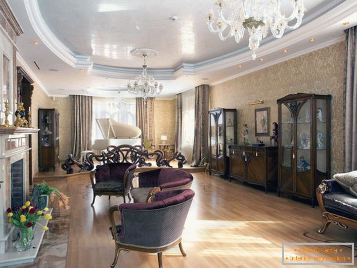 A stylish solution for organizing the interior of the living room in the style of romanticism.