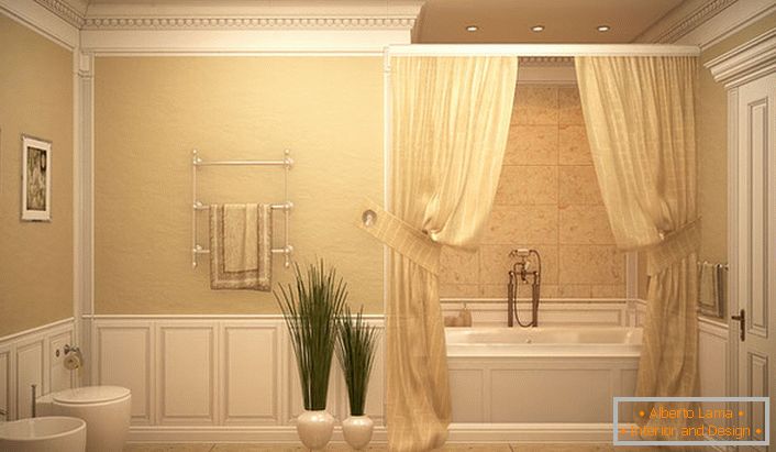 The bathroom is covered with light curtains in the style of romanticism.