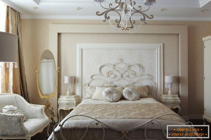 Luxury family bedroom in the style of Romanticism is attractive modest restrained interior in light colors.