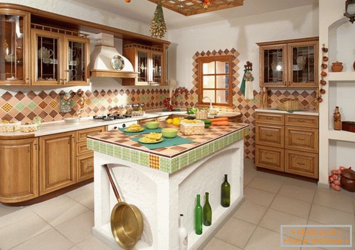 Funny kitchen in a rustic style for a family house.