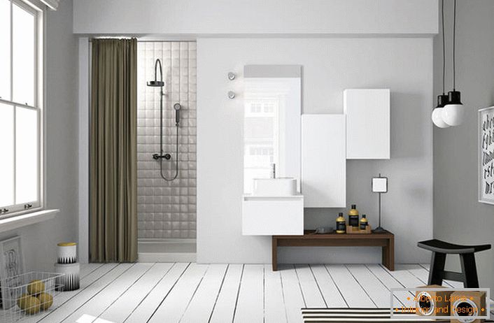 In the interior of the bathroom in the Scandinavian style, the polished floor is especially attractive. 
