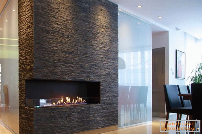 Built-in fireplace for a spacious living room.