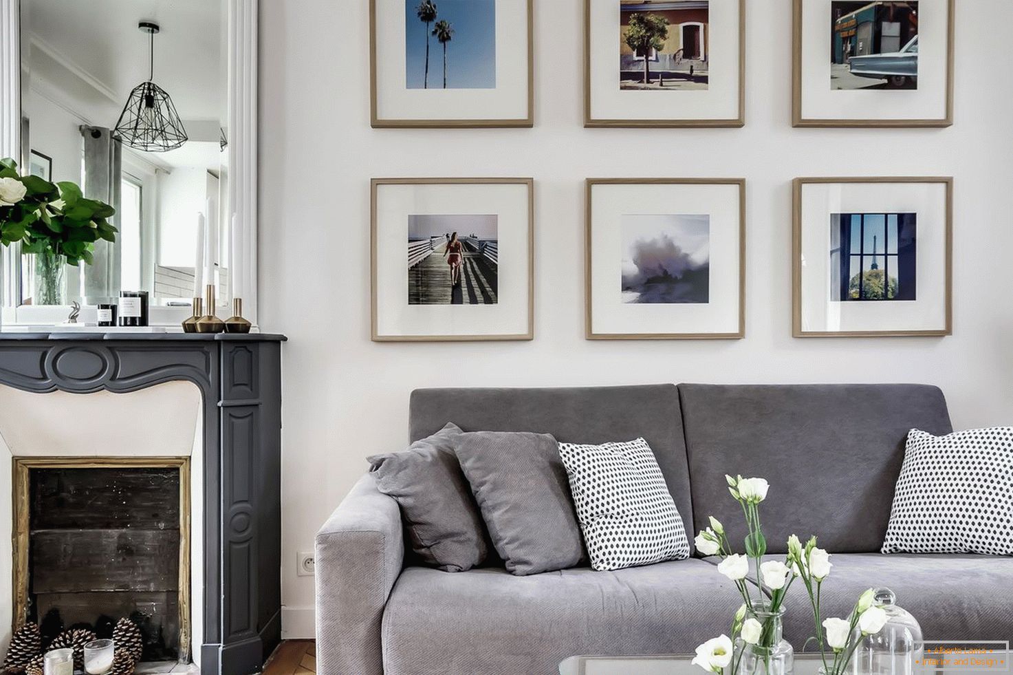 Art gallery in the living room with fireplace