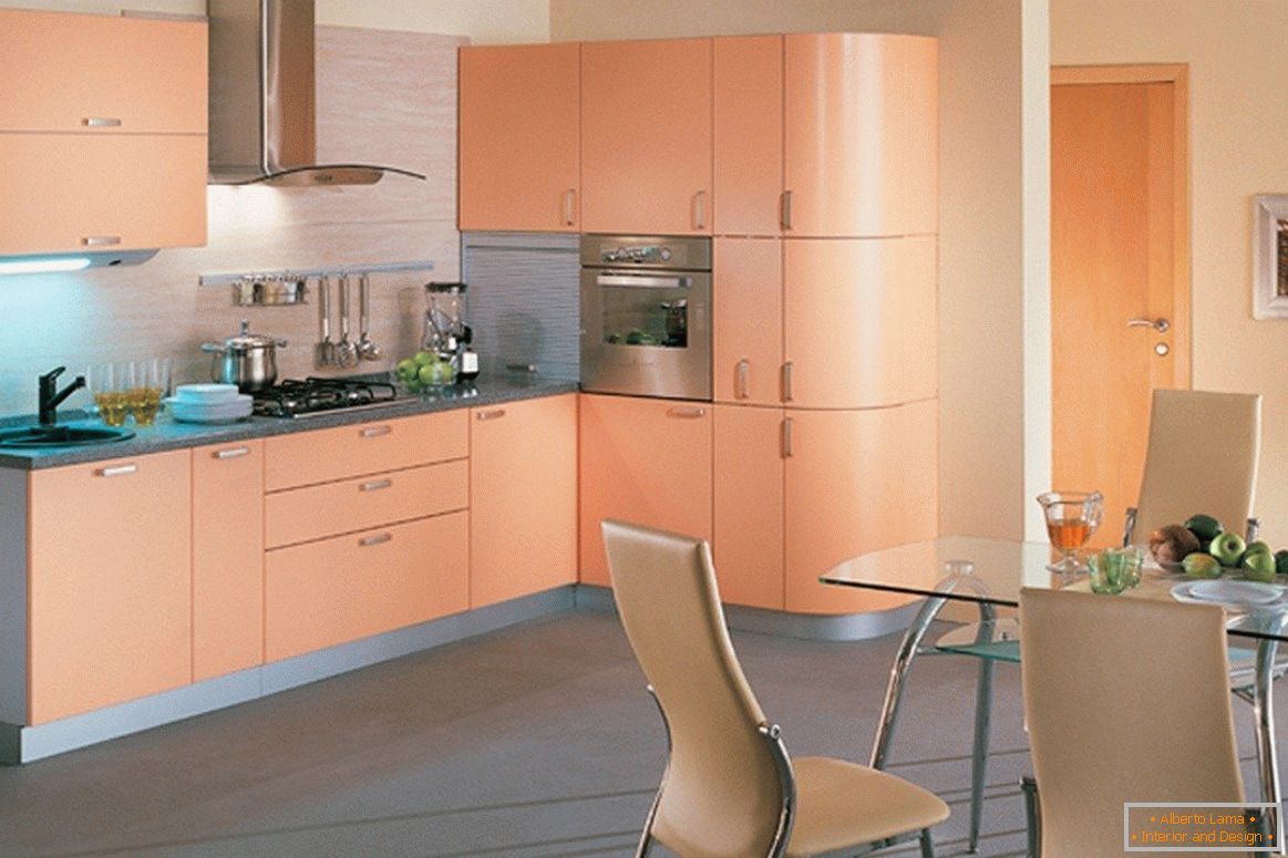 Peach-colored kitchen furniture