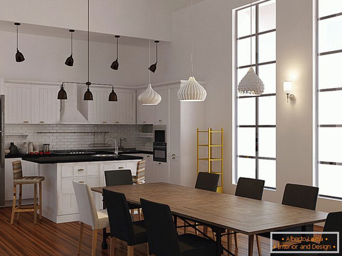 An example of well-chosen lighting for the kitchen in Scandinavian style. To illuminate the dining and working areas, different models of ceiling chandeliers are used. 