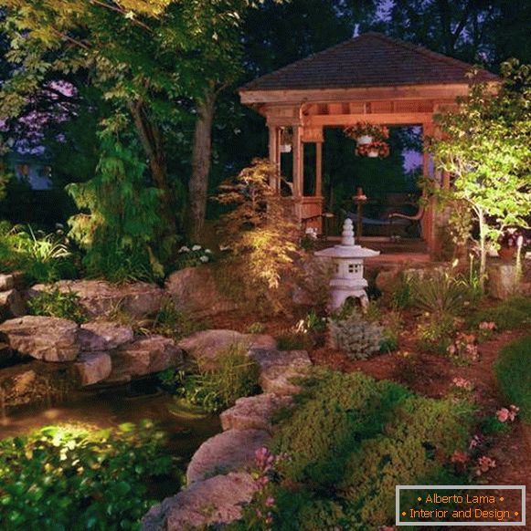 Pond and gazebo in the design of the garden in Japanese style