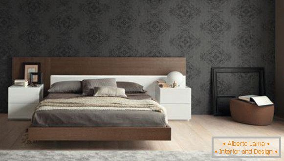 Black wallpapers and a floating bed in the bedroom