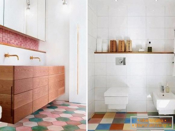 Bright floor tiles in the bathroom