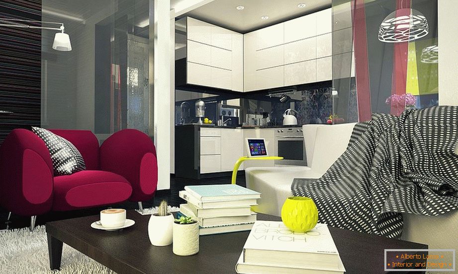 Bright accents in the black and white interior