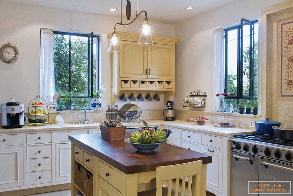 Kitchen interior with a small contrasting island
