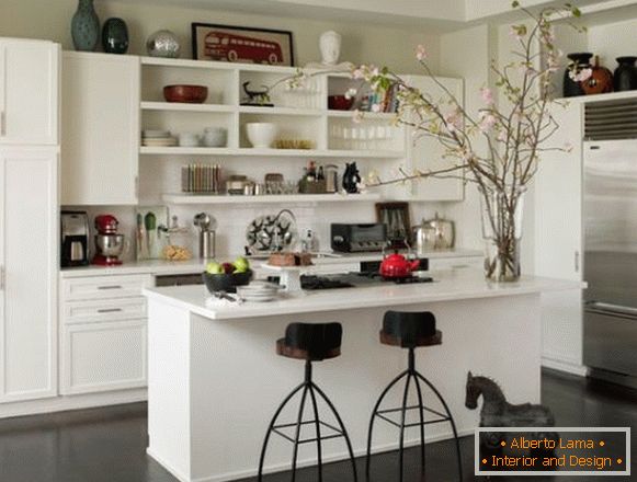 Open shelves in the kitchen with island