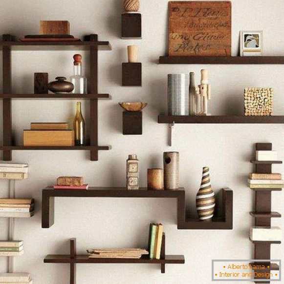 Wooden shelves on the wall for books and decor