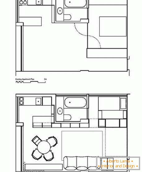 The layout of a small studio apartment with a child