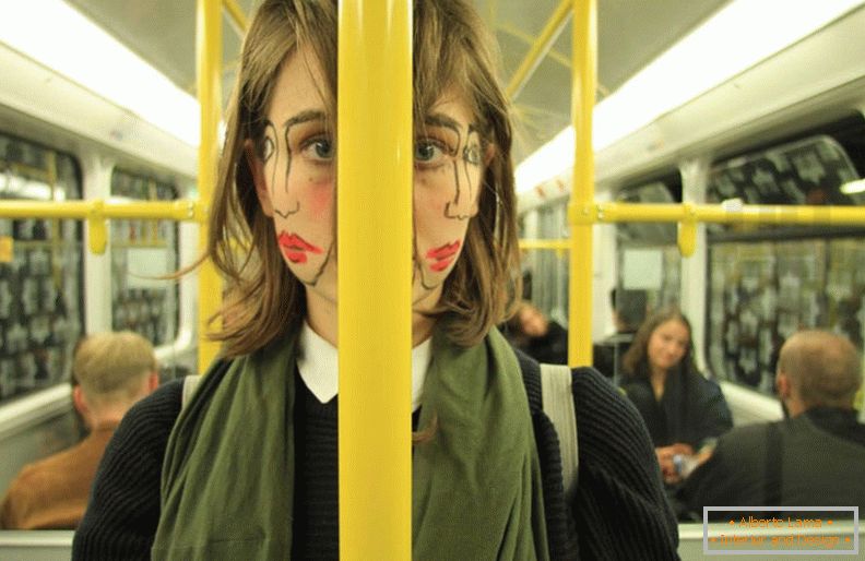 Two-faced girl in transport from the artist Sebastian Bieniek