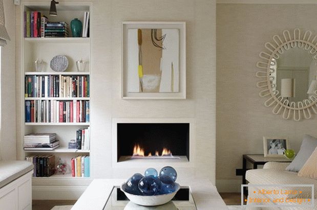 Mirror in the living room with fireplace