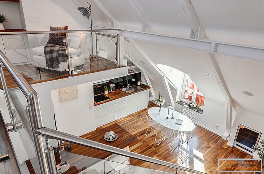 Wooden floor in a white two-level apartment