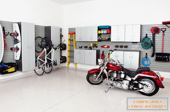 Motorcycle in the interior of a home garage