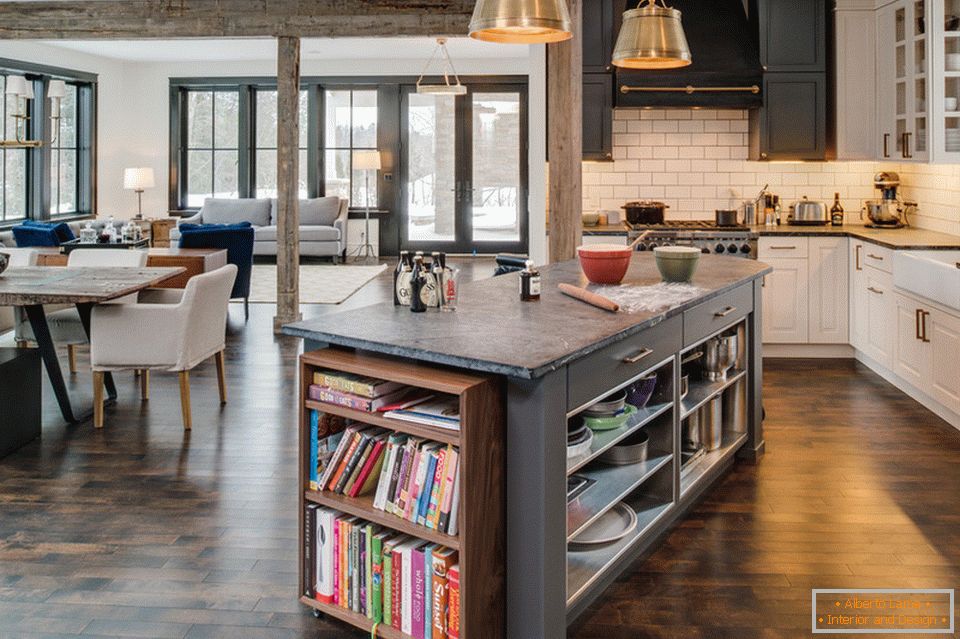 Kitchen island with a bedside table for books