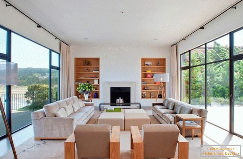 Bright and spacious living room made of natural materials