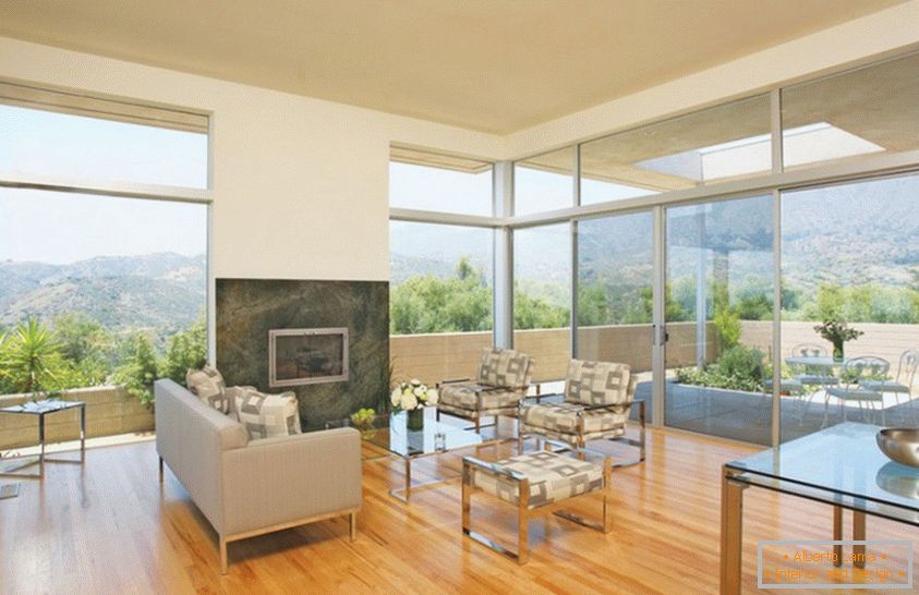 Interior of living room made of natural wood with marble inserts