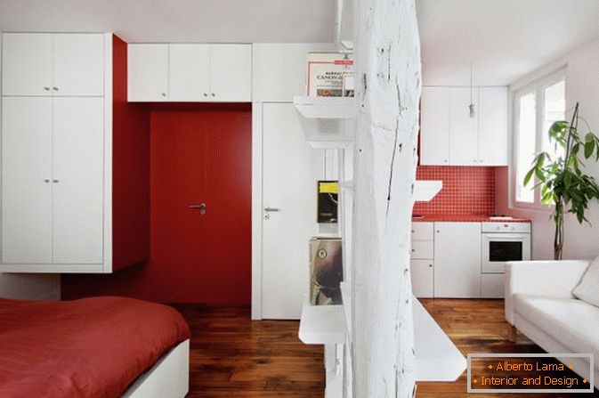 Studio apartment in white and red color
