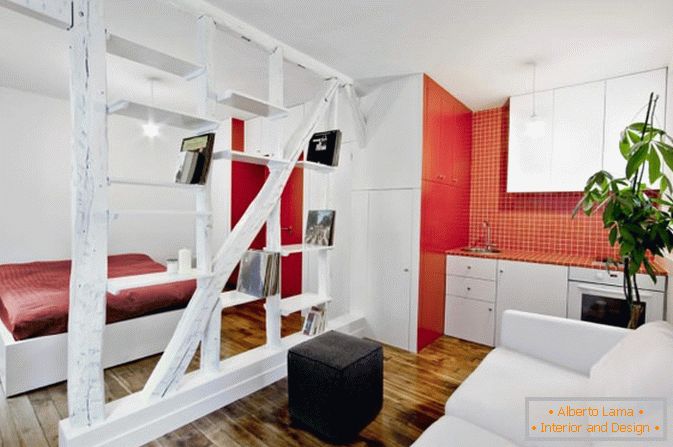 Studio apartment in white and red color