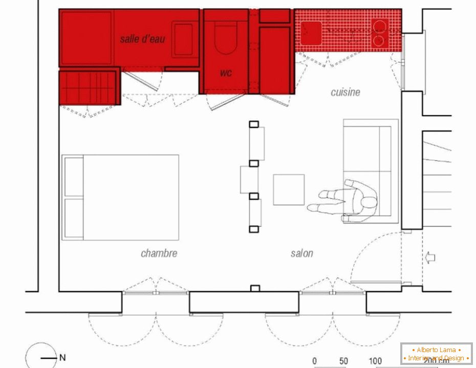 The layout of a small studio apartment