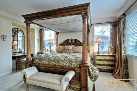Large bed on the feng shui in the bedroom in a classic style