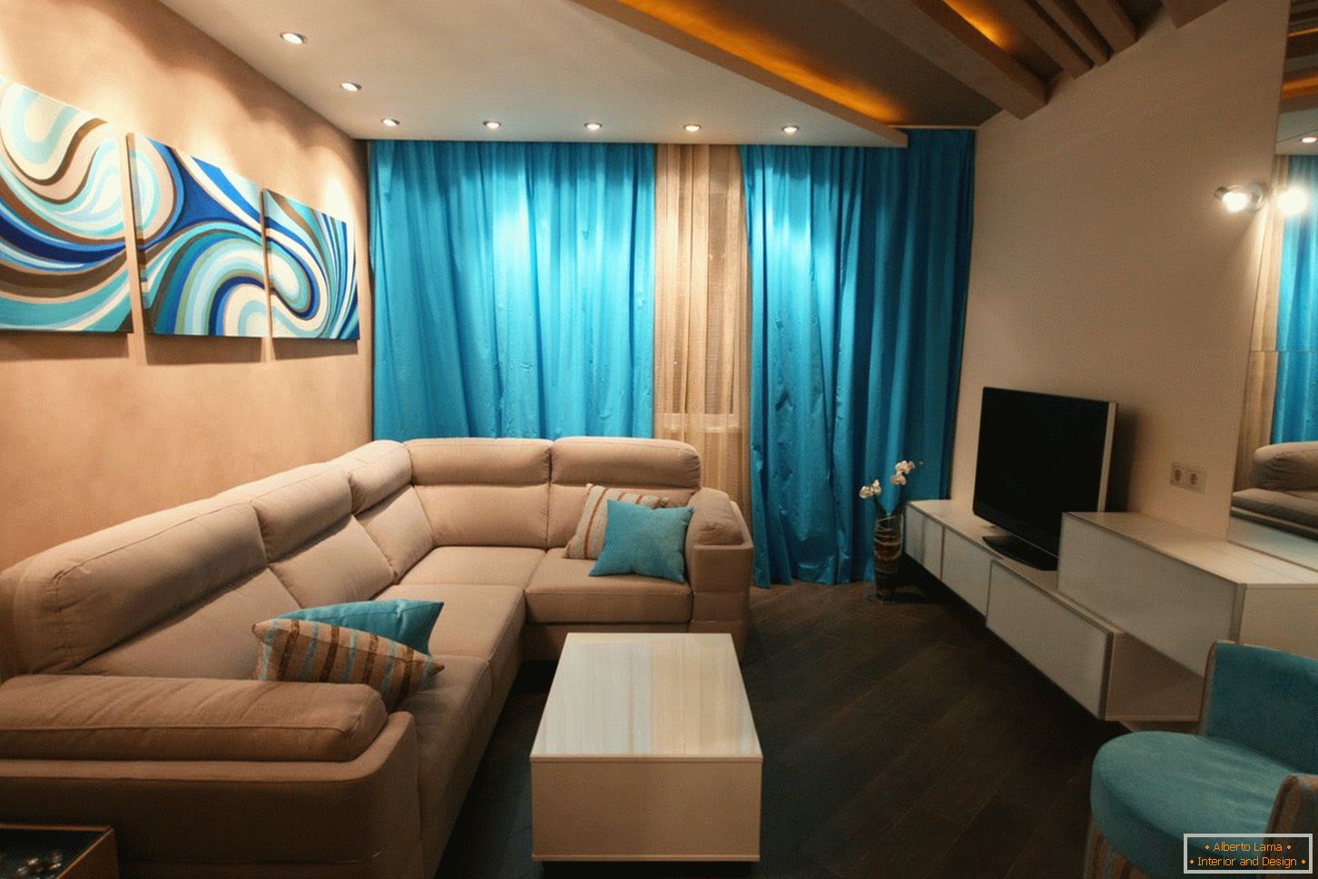 Turquoise and beige in the interior of the living room